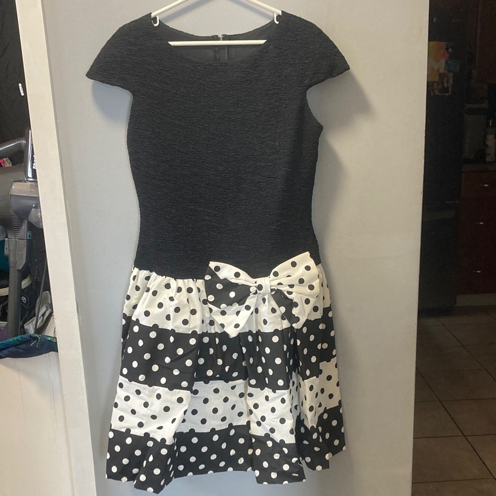 SKU #5 Black & White Polka Dot Fit-and-Flare Midi Dress with Bow